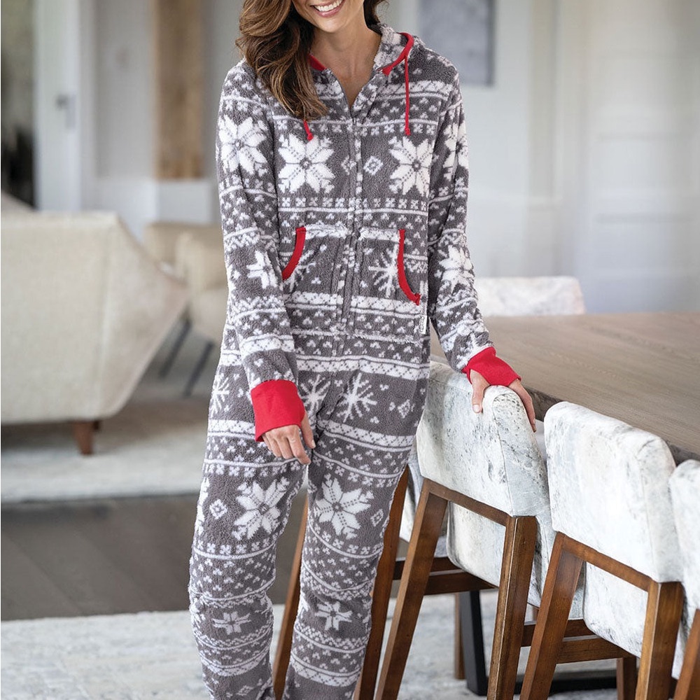 Gray, White & Red Pajamagram Nordic Fleece Hoodie-Footie Onesie Pajamas